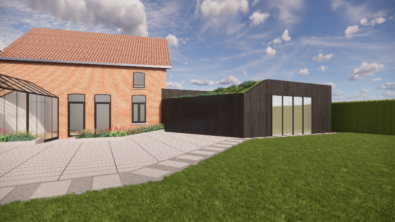 Reconversion d'anciennes annexes en un nouveau garage contemporain à Rebecq